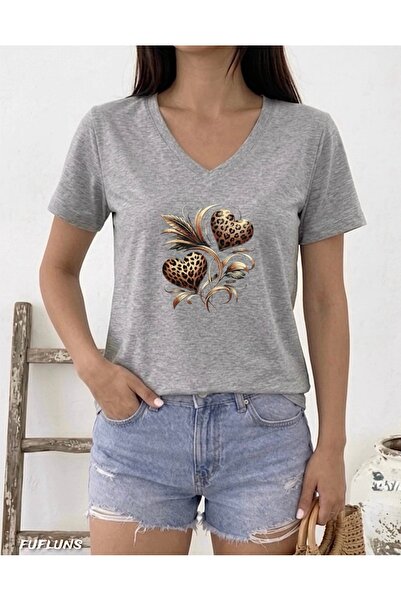 FUFLUNS Γυναικείο μπλουζάκι με στάμπα με μοτίβο καρδιάς λεοπάρδαλης, με λαιμό...