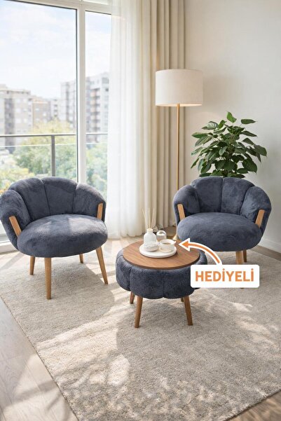 KOKİ DESİGN STAR CEVİZ Antrasit 2 Adet Papatya Berjer + 1 Adet Sehpa (5 PARÇA...