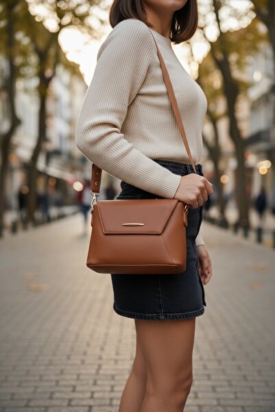 enoch Women's Tan Geometric Cut Safiano Textured Shoulder Bag with Minimal Go...