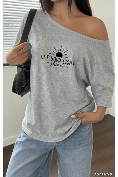 FUFLUNS Tricou supradimensionat pentru femei, cu guler bărcuță și imprimeu „L...