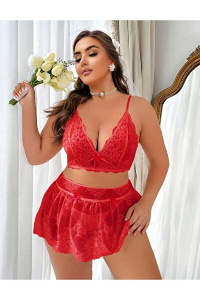 Bleu Petite Κόκκινο Σετ Σουτιέν με Δαντέλα και Λεπτομέρεια σε Μεγάλο Μέγεθος