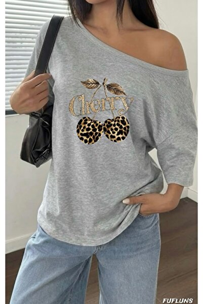 FUFLUNS Γυναικείο μπλουζάκι με λαιμόκοψη καγιάκ, με στάμπα λεοπάρ και κεράσια...