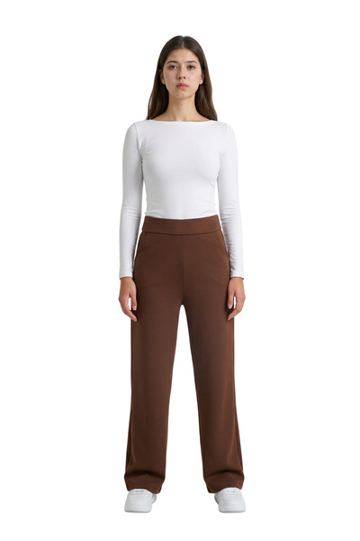 ModaAzen Brown High Waist Lycra Straight Cut Women's Palazzo Trousers with Po...