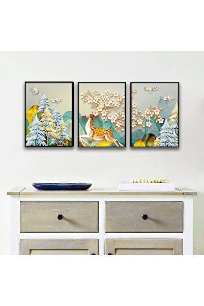 ALAYRA International Set of 3 Running Bloom Deer Wall Canvas Painting Outer F...
