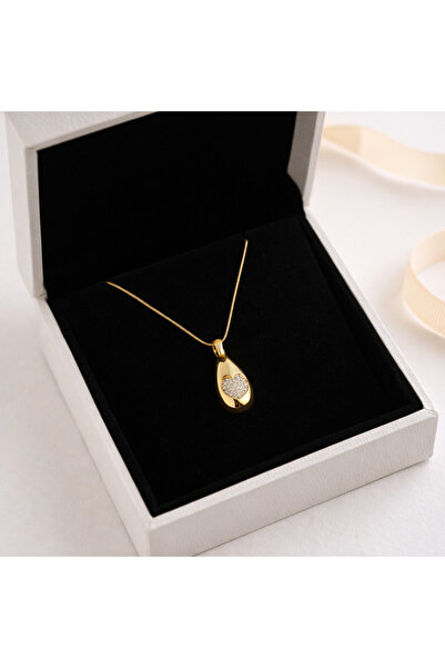 Belasso Steel Gold Color Heart Detail Zircon Stone Women's Necklace