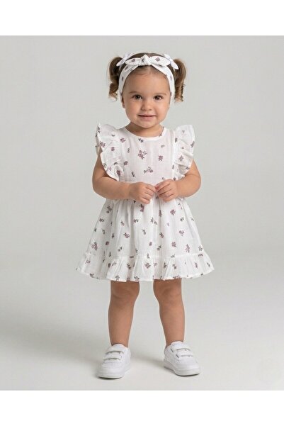 VOY KİDS Baby Girl Summer Bandana Floral Printed Linen Dress, 6-9-12-18-24 Mo...
