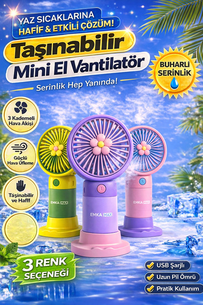FREED TOOLS Mini Şarjlı El Fanı Telefon Standlı 3 Kademe Hız Type C Şarj Giri...