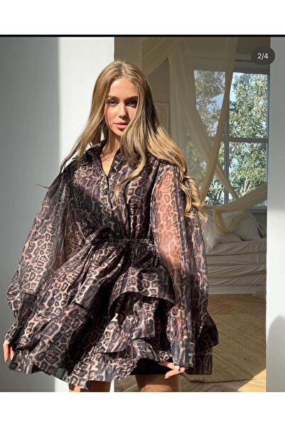 Zaghou Elegant Leopard Print Ruffled Shirt Dress with Belt