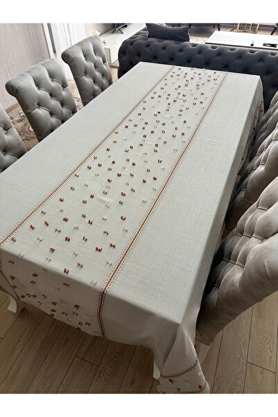 NURHAN HOME COLLECTION Openwork Embroidered Cappucino Color Linen Tablecloth:...