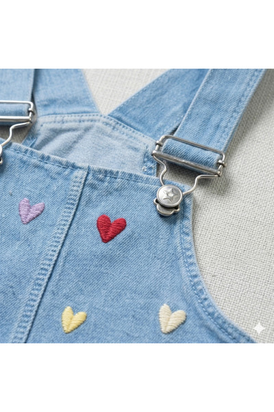 genybaby Girl's Denim Salopet Set Heart Embroidered Strap Jean Dress + Bodysuit