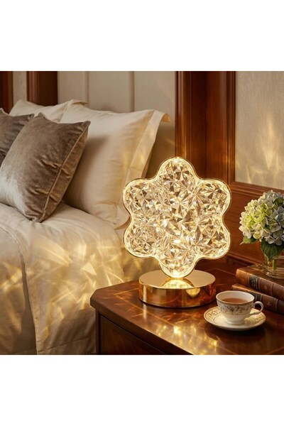 BY NEVSER ® Çiçek Model Kristal LED Masa Lambası – Dokunmatik, 3 Renk Işık Mo...