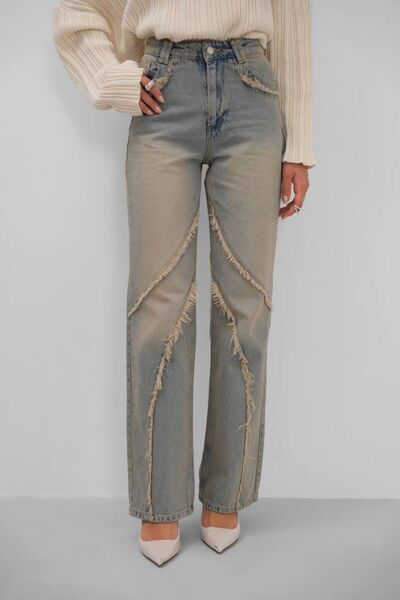 DENİKK Тренд дънкови панталони със специален дизайн, висока талия, избелен еф...