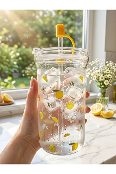 Caga Home CAGA Pinterest Limon Desenli 750ML Cam | Pipetli Bardak | Kapaklı S...