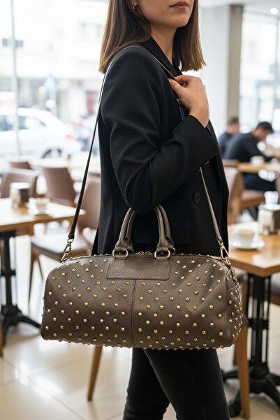 enoch Women's Leather Stylish Cylinder Hand and Shoulder Bag with Gold Stud D...