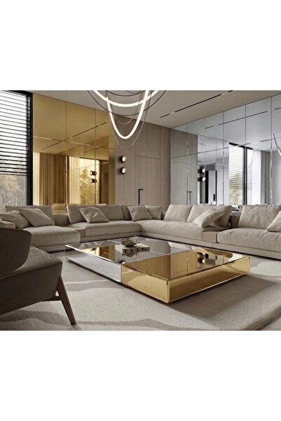 LUXURY VİLLA LUXURY GÜMÜŞ VE GOLD AYNALI DEKORATİF ORTA SEHPA 110x170 YÜKSEKL...