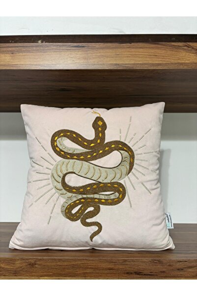 KIRLENTİM Μαξιλαροθήκη με κεντημένο σχέδιο φιδιού σε ανοιχτό ροζ βελούδο