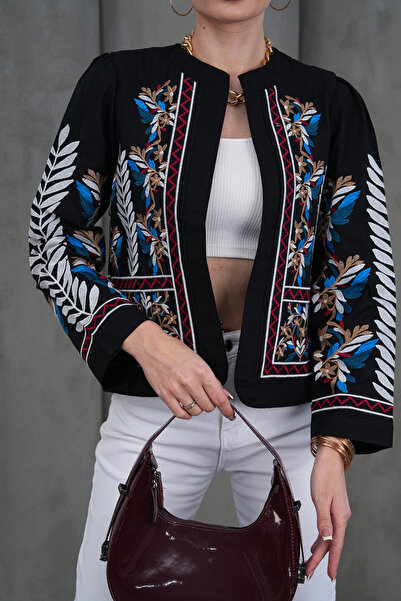 FancyWorld Μαύρο έθνικ σχέδιο με πολύχρωμο κέντημα, εποχιακό μπουφάν (φοριέτα...