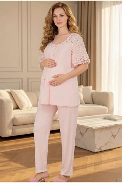 Lohusa Dünyasi Women's Scallop Lace 2-Piece Maternity Pajama Set