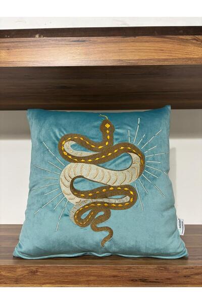 KIRLENTİM Κεντημένο σε Τυρκουάζ Βελούδο Κάλυμμα Μαξιλαριού με Σχέδιο Φιδιού