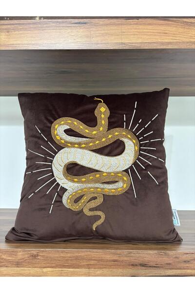 KIRLENTİM Κεντημένο μαξιλάρι με σχέδιο φιδιού σε καφέ βελούδο - Γεμάτο εσωτερικά
