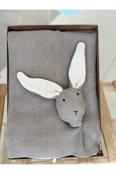 moukou Tavşan Uyku Arkadaşlı 80x100 Triko Bebek Battaniyesi Yumuşak Örgü Set