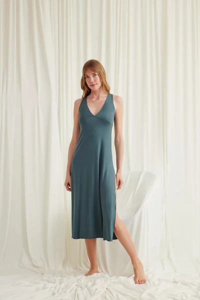 mtm My The Mall Lace-Trimmed, Low-Cut, Slit-Back Nightgown with a Collar and ...