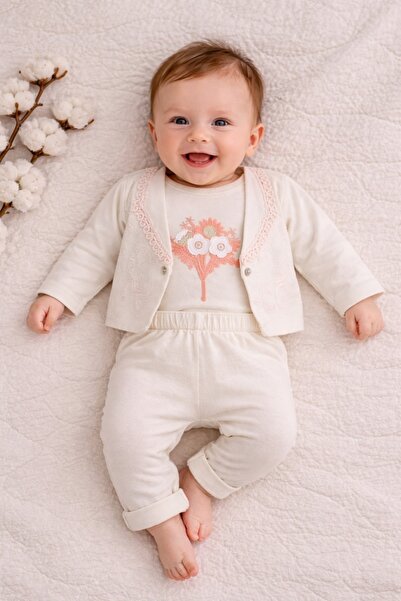 Pure Boutique Βρεφικό κοριτσίστικο βαμβακερό σετ 3 τεμαχίων, κορμάκι, παντελό...