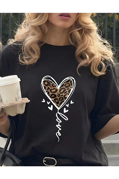 ELNOYA تي شيرت نسائي أسود بنقشة قلب الفهد كبير الحجم