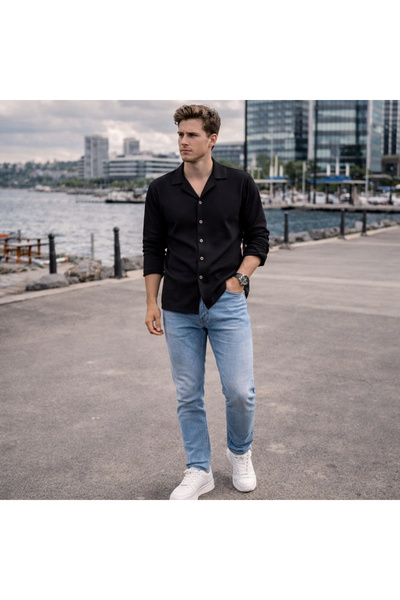 THANBUTİK κοτλέ Σετ Πλεκτό Πουκάμισο και Παντελόνι Τζιν Στενής Γραμμής