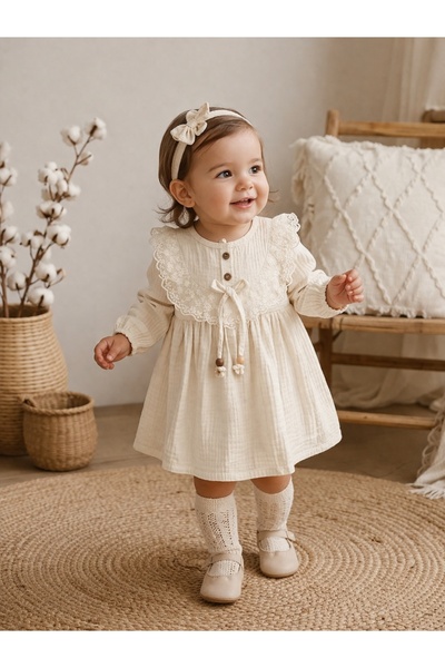 Pure Boutique Μπεζ φόρεμα μουσλίνας για κοριτσάκι με δαντέλα, κομψό καλοκαιρι...