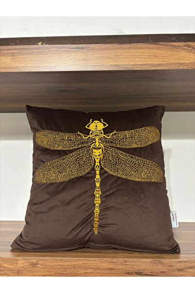 KIRLENTİM Μαξιλάρι με κεντημένο σχέδιο λιβελλούλης σε καφέ βελούδο - Γεμάτο ε...