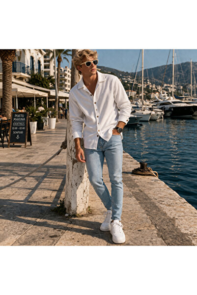 THANBUTİK κοτλέ Σετ Πλεκτό Πουκάμισο και Παντελόνι Τζιν Στενής Γραμμής