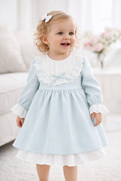 Pure Boutique Κομψό μπλε κοριτσίστικο φόρεμα με λευκή δαντέλα, κλασικού στυλ