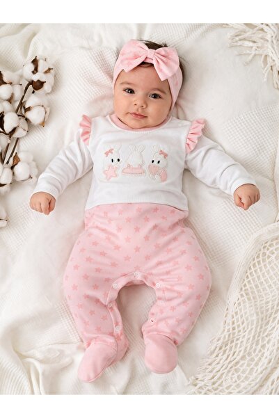 Pure Boutique Ροζ βαμβακερό ολόσωμο φορμάκι για κοριτσάκι με κουνελάκια και α...