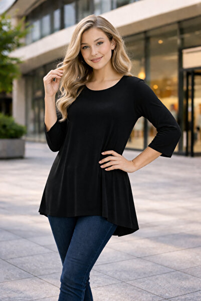 IŞILTI Women's Long Sleeve Crew Neck Oversize Asymmetrical Cut Casual Soft Bl...