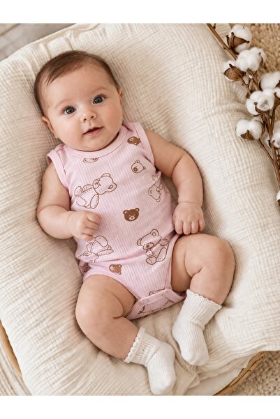 Pure Boutique Ροζ βρεφικό κορμάκι από ριμπ βαμβάκι με αρκουδάκια, αμάνικο, γι...