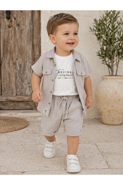 Pure Boutique Βρεφικό αγορίστικο σετ μουσλίνας 3 τεμαχίων, μπλουζάκι και σορτ...