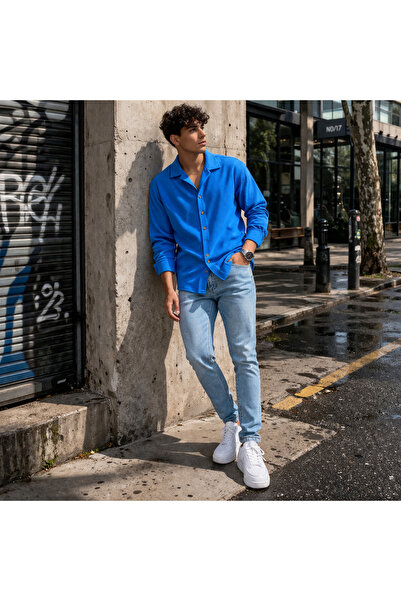 THANBUTİK κοτλέ Σετ Πλεκτό Πουκάμισο και Παντελόνι Τζιν Στενής Γραμμής