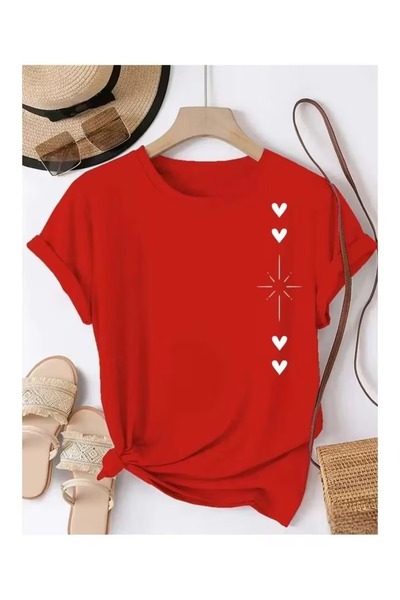 EYAX MODA Shining Heart Printed Oversize Women's T-Shirt / T-Shirt