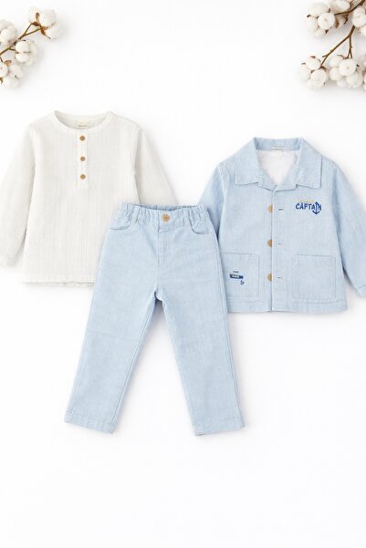 Pure Boutique Set baieti 3 piese bluza pantaloni si jacheta albastru deschis