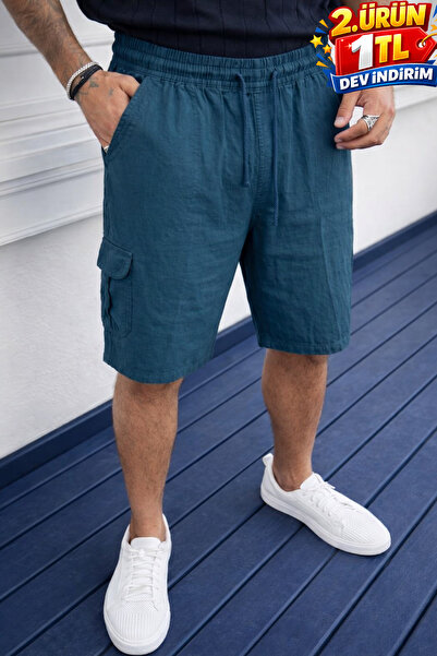 DAMGA JEANS Men's Casual Trendy Loose Cargo Pocket Navy Blue Linen Shorts