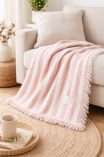 Pure Boutique Βρεφική κουβέρτα 110x110 εκ. από βαμβακερή μουσλίνα, ροζ με ρίγ...