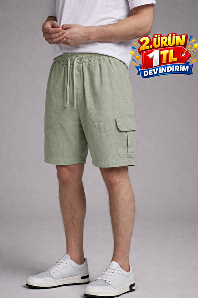 DAMGA JEANS Ανδρικό σορτς από λινό με ελαστική μέση και τσέπη cargo σε πράσιν...
