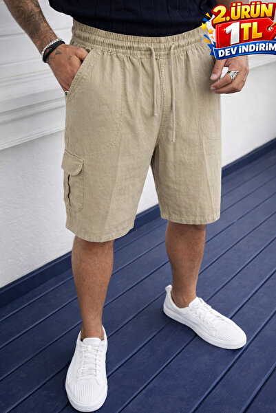 DAMGA JEANS Ανδρικό σορτς από λινό σε μπεζ χρώμα με χαλαρές τσέπες cargo, καθ...