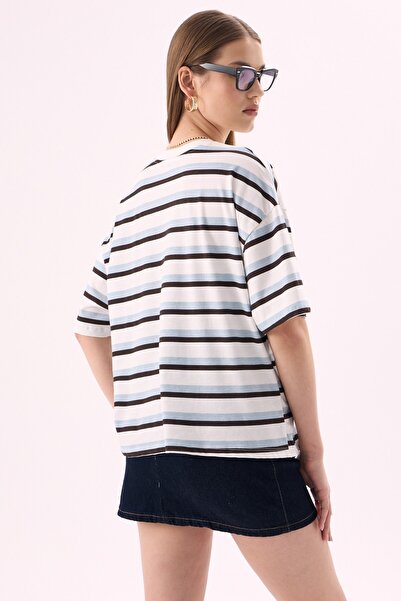 CrepTekstil Crep Kadın Çizgili Bisiklet Yaka Kısa Kollu T-Shirt – Oversize Fit %100 Pamuk Ekru Mavi