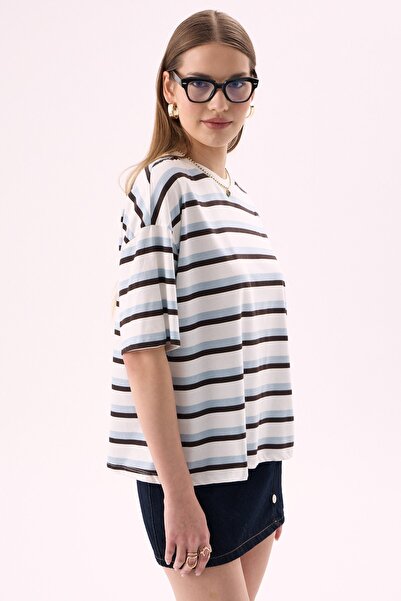 CrepTekstil Crep Kadın Çizgili Bisiklet Yaka Kısa Kollu T-Shirt – Oversize Fit %100 Pamuk Ekru Mavi