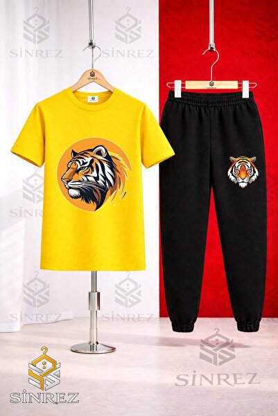SİNREZ Set de trening unisex pentru copii, cu tricou imprimat cu cap de tigru