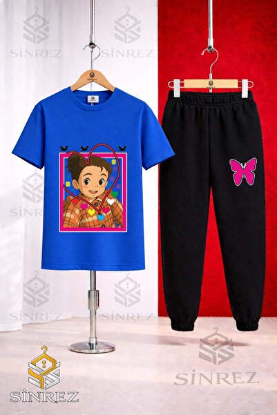 SİNREZ Unisex Kids Crn Girl Heart Printed T-Shirt Tracksuit Set