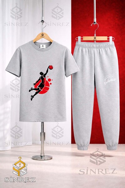 SİNREZ Unisex Kids Basketballer Syh Red Printed T-Shirt Tracksuit Set