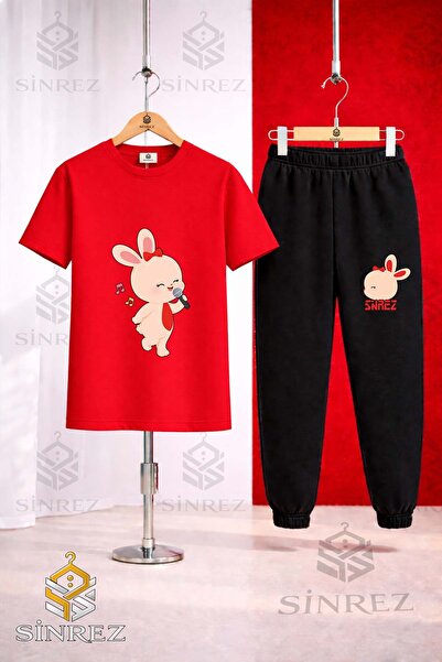 SİNREZ Unisex Kids' Tavsan Microphone Printed T-Shirt and Sweatpants Set